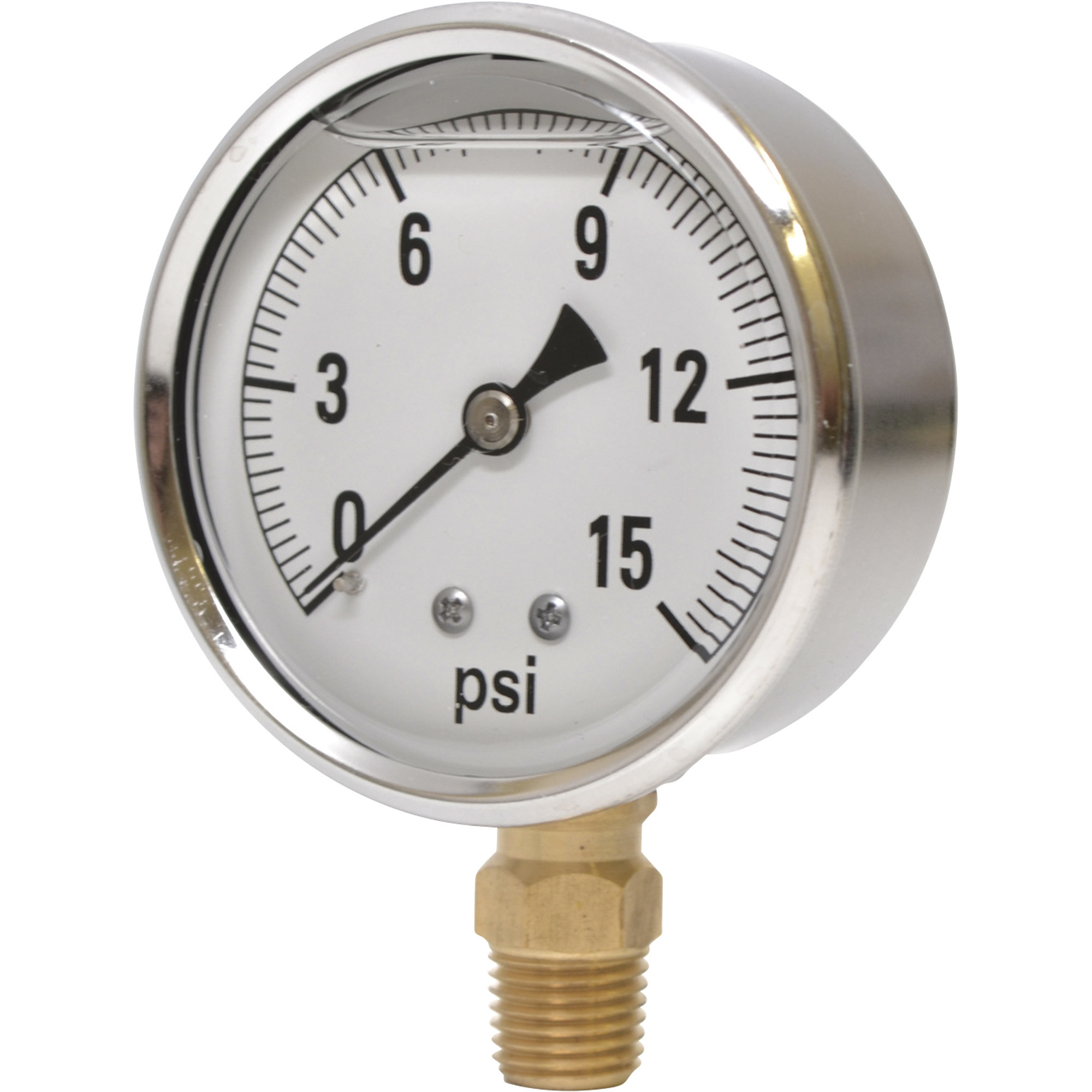 Valley Industries, 2.5in. Bottom Mt Gauge 15PSI, Case Material Stainless Steel, Min. Operating Pressure 0 PSI, Max. Operating Pressure 15 PSI, Model# CS-2141GXB15